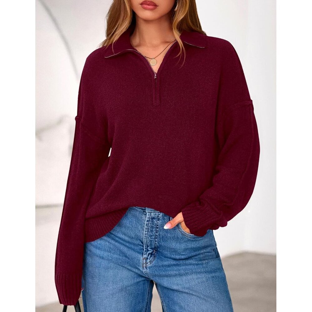 Women's V Neck Quarter Zip Sweater Fall Long Sleeve Collared Business Casual - Picture 2 of 8